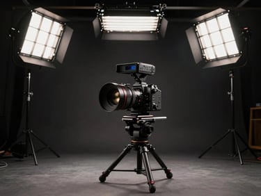Wide cinematic shot of a professional dark studio, rigged overhead lighting grids casting dramatic directional light on a high-end camera package, dark background, technical atmosphere.
