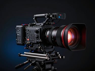 Low-key dramatic studio shot of a high-end cinema camera rigged with anamorphic prime lens, glowing red record light, dark background with subtle blue gel accents.