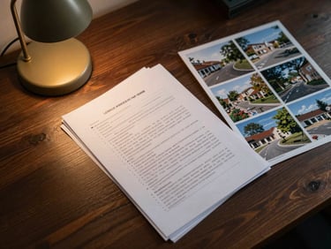 Close overhead shot of a marked-up script and location reference photographs spread across a dark wood table, a single warm desk lamp casting amber light from the upper left, no people visible