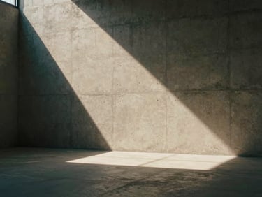 Single film still: a wide interior frame of an empty production design set — stark geometric shadows cast across a concrete wall by a practical light source, no crew or talent visible, warm amber practical against cool ambient