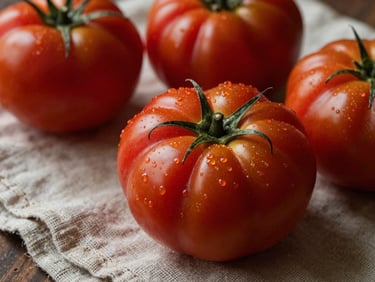 Macro shot of fresh heirloom tomatoes on a rustic linen cloth, low-key natural side-light.