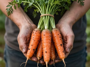 Close-up of soil-stained hands holding a bunch of freshly harvested organic carrots with green tops.