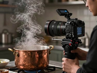 Behind-the-scenes shot of a professional camera positioned over a steaming copper pot in a moody kitchen.