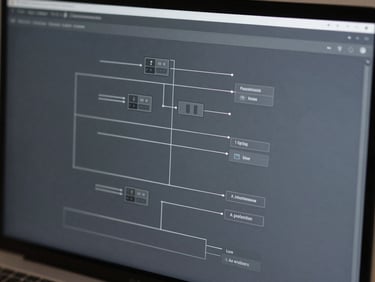 Tight macro detail of a structured system diagram on a sleek high-resolution screen, cool slate and steel tones, sharp focus, 35mm