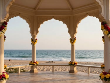 Close-up of vibrant floral decorations and traditional Indian textiles used for a pre-wedding social event on the pavilion, with soft focus on the coastal background, golden hour light.