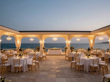 Wide shot of a beautifully decorated wedding reception setup on the open-air pavilion, with elegant dining tables, chandeliers, and the active Puthiyappa Harbour in the background at twilight, warm architectural uplighting, 35mm wide-angle architectural lens.