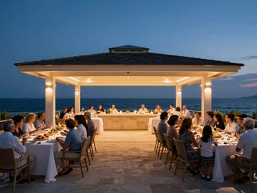 Elegant family gathering on the open-air pavilion, with guests enjoying a gourmet meal at long tables, subtle maritime details, and the illuminated pavilion structure against the dark blue twilight sky, warm architectural uplighting.
