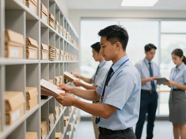 Professional JADAA team member in a clean corporate-casual uniform organizing mail in a modern office mailroom, medium shot, natural Texas daylight.