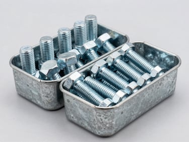 Crisp industrial product photography of heavy-duty steel bolts and high-tensile fasteners organized in steel bins, bright clean studio lighting, neutral grey background, sharp focus
