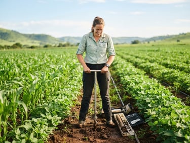 Bright editorial photography, a professional agricultural technician in a light green shirt standing in a lush green field in Sambito Valley, holding a soil sampling tool, warm natural daylight.