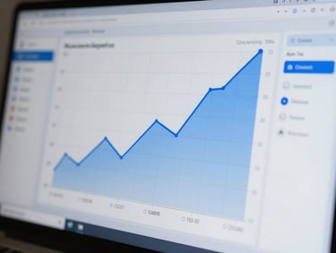 Ultra-close-up high-fidelity analytics dashboard showing a steep upward line chart of conversion rates, structured grid lines, clinical white interface with electric blue data highlights, sharp focus.