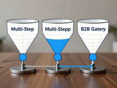 A clinical wireframe schematic of a multi-step B2B lead generation funnel, showing clean layouts and electric blue tracking nodes.