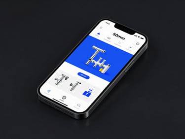 Tight crop on a sleek smartphone displaying a modern plumbing website, dark studio background, vibrant blue accents, 50mm.