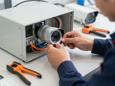 Technician's hands inspecting a security camera system's wiring panel, tools neatly laid out, focused on clean connections, bright workshop lighting.