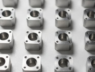 Extreme close-up overhead flat-lay of precision CNC-machined aluminium components arranged in a grid on a white inspection surface, sharp edges visible, batch numbers etched on parts, controlled studio strobe lighting, no people, steel and aluminium tones