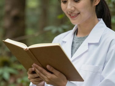 Close-up portrait of a female biologist smiling in a natural forest setting, holding a field notebook, soft natural light, 100mm lens