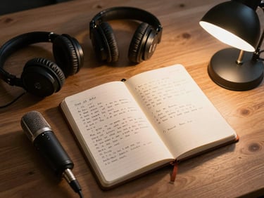 Overhead of a podcast recording setup — open notebook with handwritten show notes, a condenser microphone, headphones coiled beside it, warm desk lamp glow