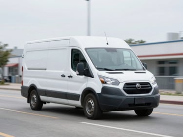 Medium-wide shot of a clean white cargo van driving through a bright, overcast Chicago street, sharp focus, 35mm