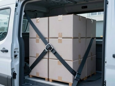 Close-up of a secured cargo van interior, clean steel walls, heavy-duty tie-down straps holding neatly stacked professional boxes, cool morning daylight