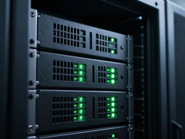 Tight macro shot of a sleek server rack in a cool-toned server room, glowing neon-green status indicators, dark ambient shadows, high contrast.