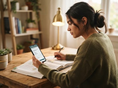 A focused student studying a mock test interface on a mobile phone, natural daylight, warm study-lamp light, clean composition, shallow depth of field, open textbook beside, on a simple wooden desk.