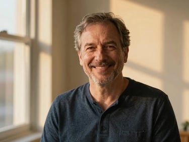 A warm editorial portrait of a male mental health counselor in his 50s, friendly expression, natural golden-hour light, 35mm.