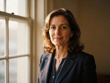 A warm editorial portrait of a female education director in her 40s, smiling gently, soft window light, 35mm.