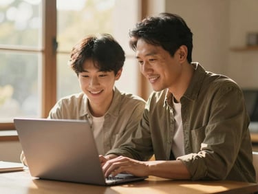 A mentor and a young adult sitting side-by-side at a table, looking at a laptop screen together, smiling with focus, warm sunlit room, shallow depth of field.