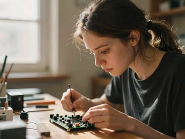 A young woman assembling a small electronic circuit board in a workshop, looking closely with determination, soft side lighting, 35mm editorial.