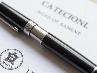 Macro close-up of a high-end fountain pen resting on an official certificate with a security stamp, clean shadows, bright daylight, editorial composition.