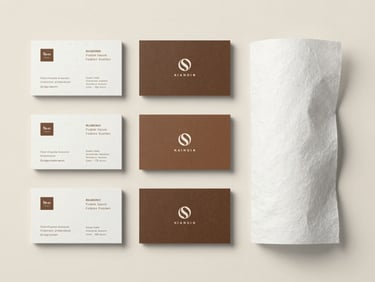 Overhead flatlay of brand identity system — business cards, tissue paper, and label applications arranged on a cream surface under soft diffused studio light, precise composition, no people