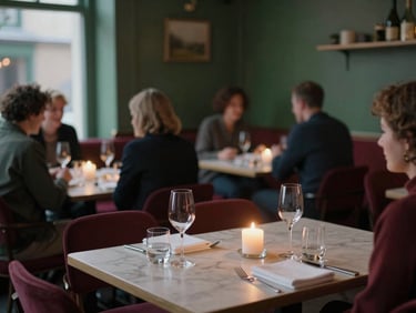 A cozy, candlelit Scandinavian-style restaurant dining room at dusk, patrons laughing softly in the background, warm intimate atmosphere.