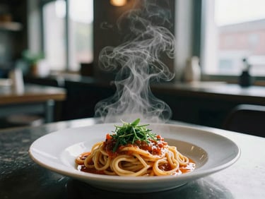 A close-up of steam rising from a freshly plated handmade pasta dish in a dimly lit restaurant kitchen, natural window light, 35mm film style