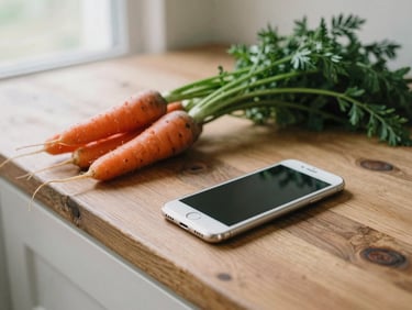 A clean smartphone lying on a rustic wooden counter next to a fresh bunch of carrots with green tops, soft daylight