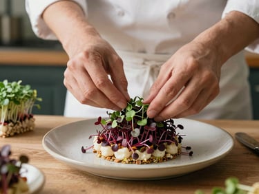 Hands of a chef carefully placing microgreens on an artisanal dish, warm natural side light, deep crimson accents, rustic kitchen background.