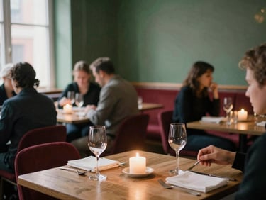 A cozy Scandinavian-style restaurant dining room filled with guests, warm candlelight, soft focus, natural atmosphere