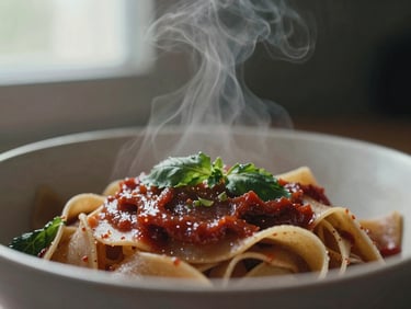 Macro shot of steam rising from a bowl of fresh handmade pasta, soft window daylight, moody shadows