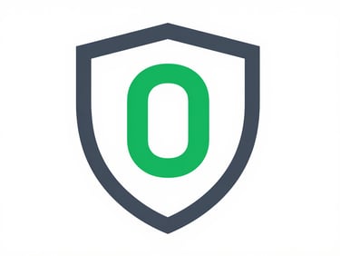 Flat vector illustration of a shield with a stylized '0' inside, clean lines, green and charcoal colors, on a stark white background. Fintech minimalism.