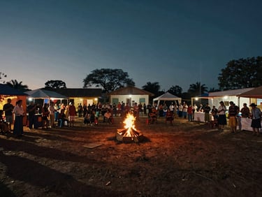 Cinematic wide-angle equirectangular screenshot of a traditional community festival in the Brazilian sertão, campfire light casting deep shadows, authentic atmosphere