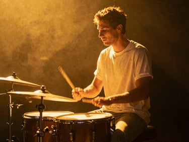 High-energy percussionist performing live on stage, warm neon gold lighting, deep shadows, cinematic atmosphere.