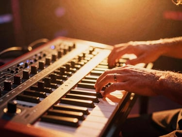 High-contrast close-up of hands playing analog synthesizers on stage, warm neon gold and terracotta stage lights, cinematic lens flare, 35mm film grain