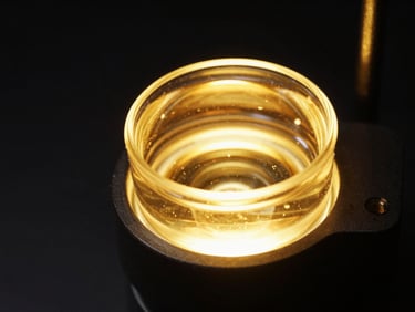 Macro close-up of a custom liquid cooling reservoir with glowing gold fluid, dark obsidian background, dramatic rim lighting