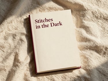A realistic book cover mockup for a poetry collection titled 'Stitches in the Dark' resting on a soft linen fabric, warm golden hour light, minimal elegant design
