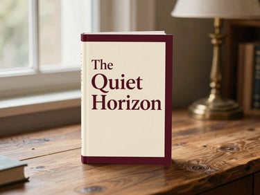 A realistic book cover mockup for a novel titled 'The Quiet Horizon' resting on a rustic wooden desk, warm window light, elegant serif typography