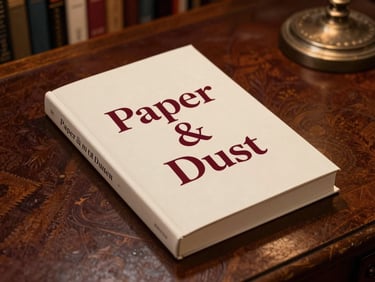A realistic book cover mockup for a memoir titled 'Paper & Dust' lying flat on an antique library table, warm soft lighting, rich tactile paper texture