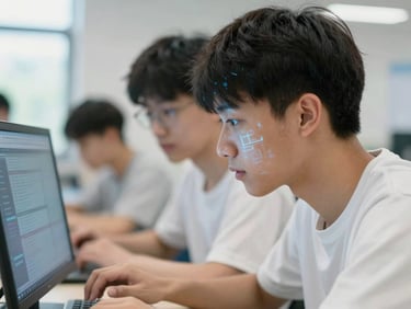A close-up of a student collaborating over a modern digital interface, subtle blue tech glows reflecting on their face, clean educational environment, shallow depth of field, 35mm
