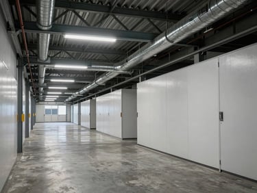 Wide interior corridor of a completed logistics facility, polished concrete floor, exposed steel roof trusses and mechanical duct runs under functional fluorescent lighting, no people staging