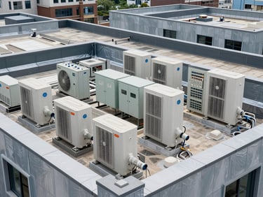 Rooftop equipment platform of a completed mixed-use building, HVAC units and electrical panels in organized layout, structural parapet and waterproofing membrane visible, overcast daylight