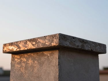 Close-up of a newly repaired chimney crown, smooth concrete texture, clear sky reflection, 35mm