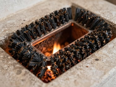 Close-up of a specialized rotary brush tool inside a chimney flue, showing removed creosote flakes, warm firelight glow, 35mm